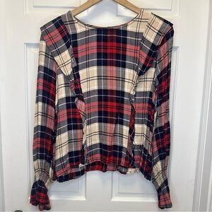 Kensie Plaid Ruffle Blouse - Red,‎ Blue, Cream